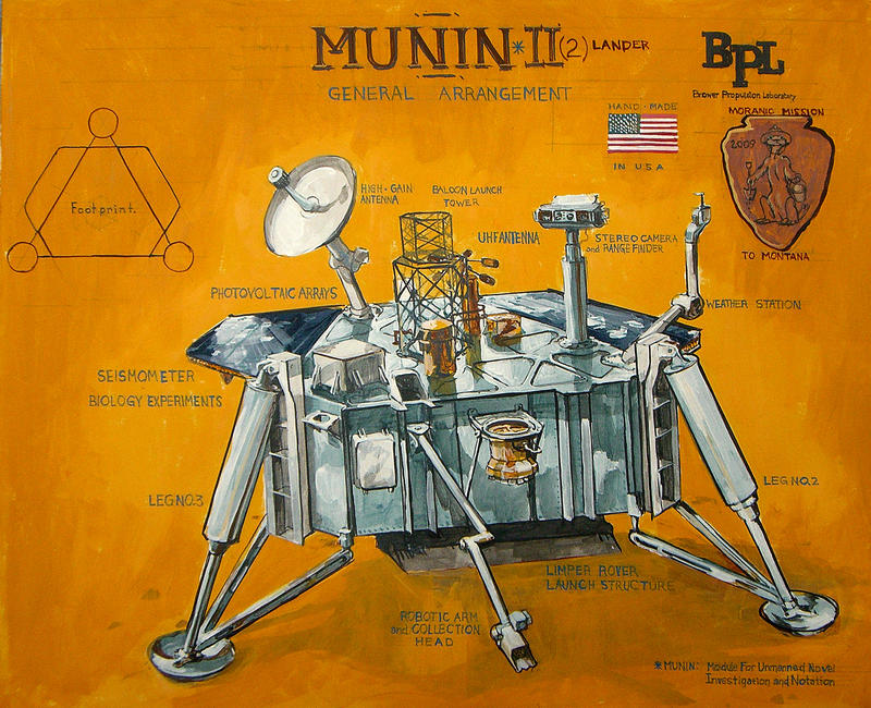 BPL-003 Moranic Mission to Montana
Early production artwork depicting MUNIN (Module for Unmanned Novel Investigation and Notation) spacecraft and equipment.