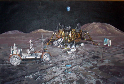 Painting-View of latter Apollo landing site complete with discarded equipment, junked vehicle, bags of urine and food